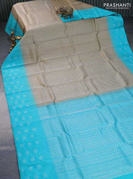 Pure soft silk saree elaichi green and teal blue with allover silver zari woven brocade weaves and silver zari woven butta border