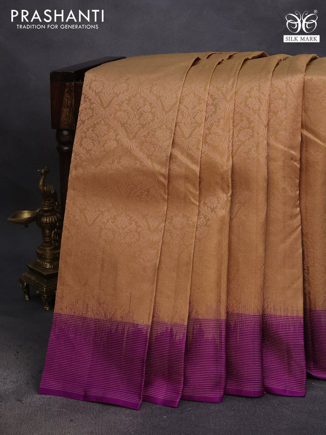 Pure soft silk saree sandal and purple with allover zari woven brocade weaves and zari woven border