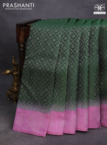 Pure soft silk saree green and mauve pink with allover silver zari woven brocade weaves and silver zari woven butta border