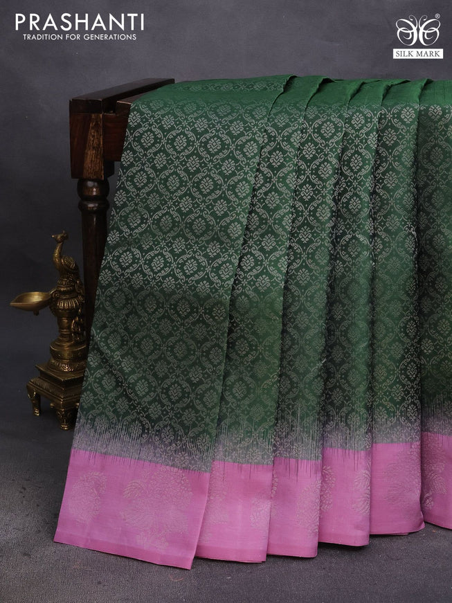 Pure soft silk saree green and mauve pink with allover silver zari woven brocade weaves and silver zari woven butta border