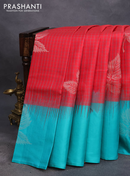 Pure soft silk saree red and teal blue with allover checked pattern & silver zari buttas and silver zari woven butta border