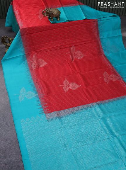 Pure soft silk saree red and teal blue with allover checked pattern & silver zari buttas and silver zari woven butta border