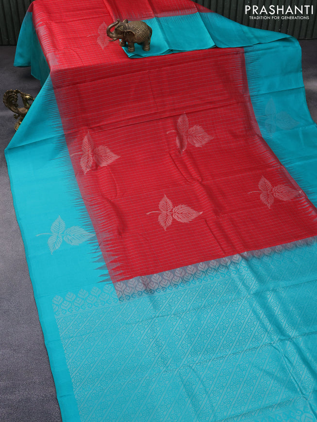 Pure soft silk saree red and teal blue with allover checked pattern & silver zari buttas and silver zari woven butta border