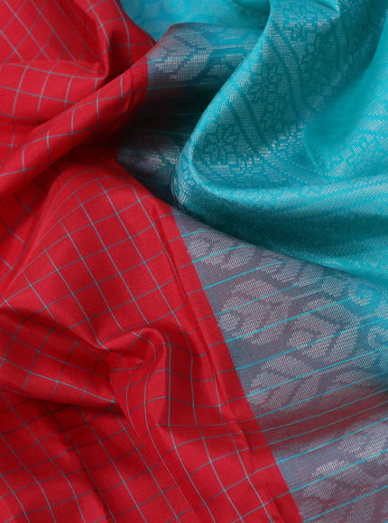 Pure soft silk saree red and teal blue with allover checked pattern & silver zari buttas and silver zari woven butta border