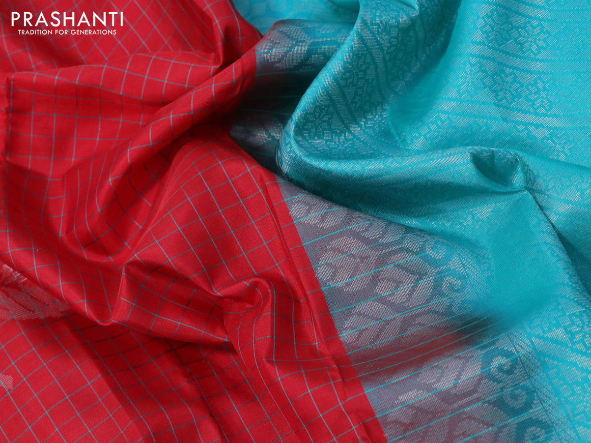 Pure soft silk saree red and teal blue with allover checked pattern & silver zari buttas and silver zari woven butta border