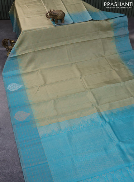 Pure soft silk saree elaichi green and teal blue with allover checked pattern & silver zari buttas and zari woven border