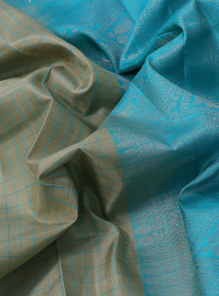 Pure soft silk saree elaichi green and teal blue with allover checked pattern & silver zari buttas and zari woven border