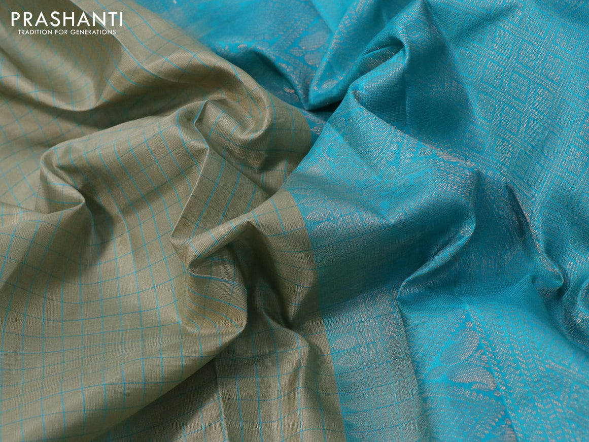 Pure soft silk saree elaichi green and teal blue with allover checked pattern & silver zari buttas and zari woven border