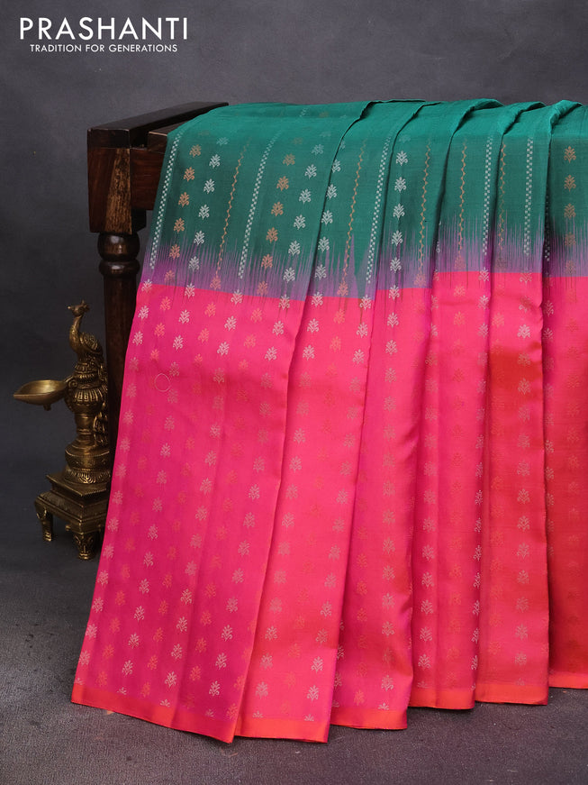 Pure soft silk saree green and dual shade of pinkish orange with allover silver & copper zari woven butta weaves and zari woven butta border