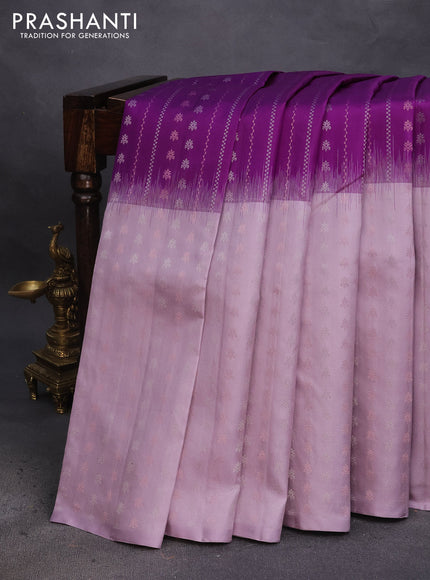 Pure soft silk saree deep purple and pastel lavender with silver & copper zari weaves and zari woven butta border