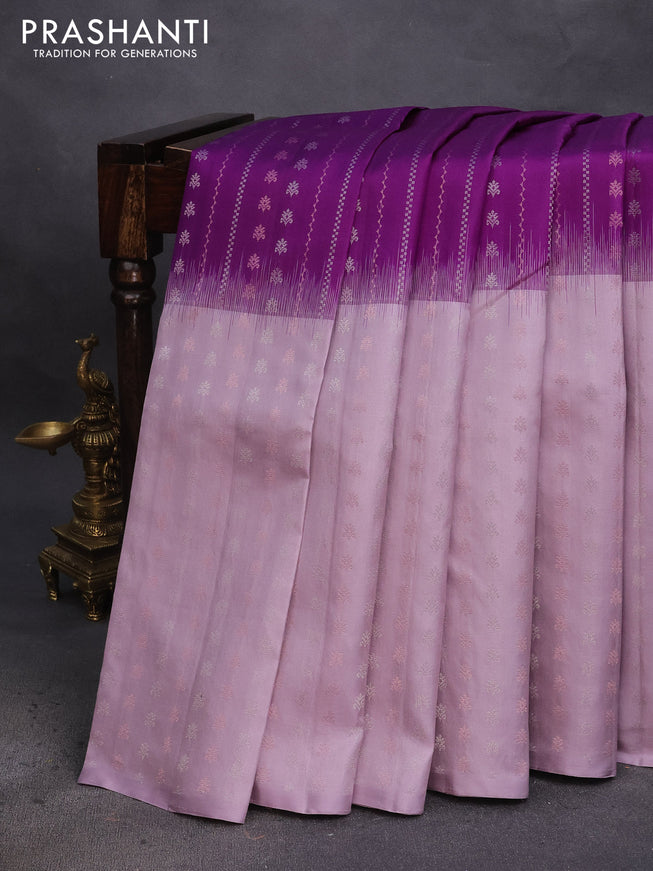 Pure soft silk saree deep purple and pastel lavender with silver & copper zari weaves and zari woven butta border