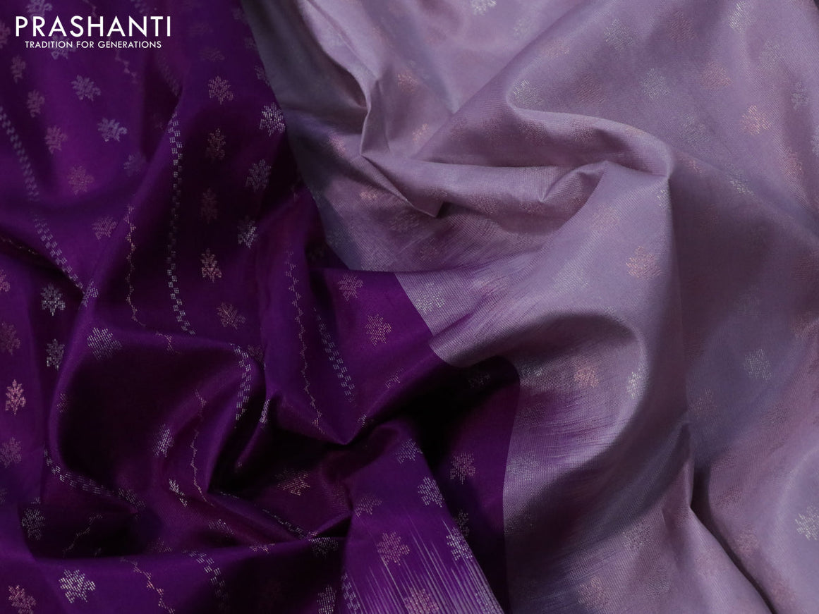 Pure soft silk saree deep purple and pastel lavender with silver & copper zari weaves and zari woven butta border