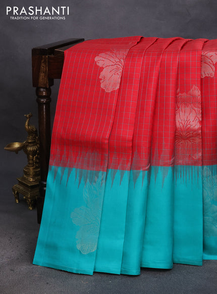 Pure soft silk saree red and teal blue with allover checked pattern & silver zari buttas and silver zari woven butta border