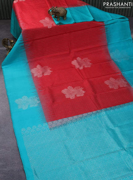 Pure soft silk saree red and teal blue with allover checked pattern & silver zari buttas and silver zari woven butta border