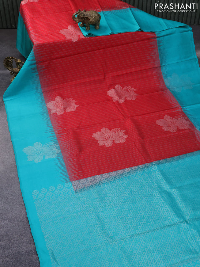 Pure soft silk saree red and teal blue with allover checked pattern & silver zari buttas and silver zari woven butta border