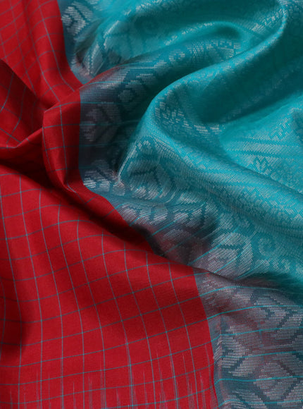 Pure soft silk saree red and teal blue with allover checked pattern & silver zari buttas and silver zari woven butta border