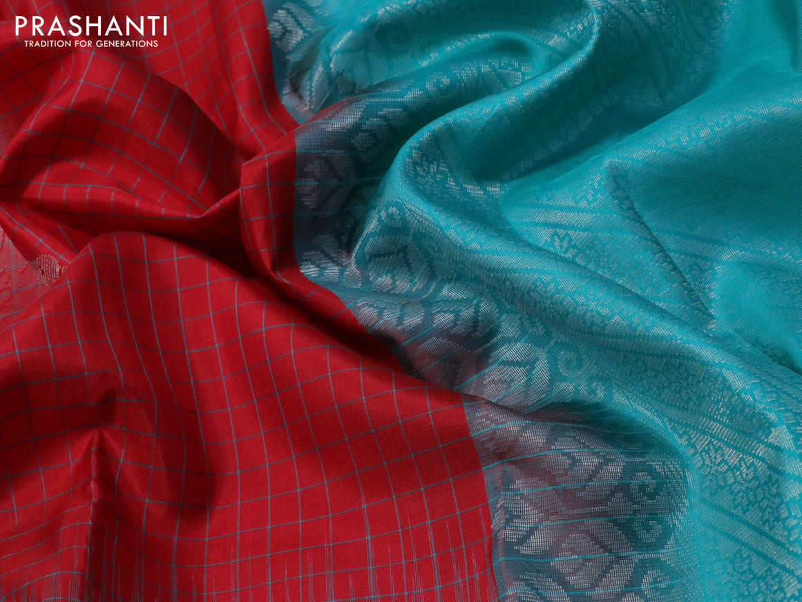 Pure soft silk saree red and teal blue with allover checked pattern & silver zari buttas and silver zari woven butta border