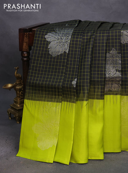 Pure soft silk saree black and light green with allover checked pattern & silver zari buttas and silver zari woven butta border