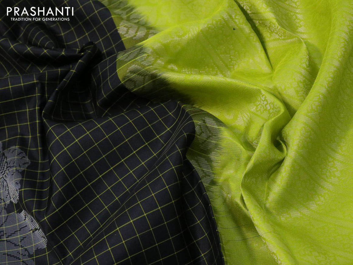 Pure soft silk saree black and light green with allover checked pattern & silver zari buttas and silver zari woven butta border