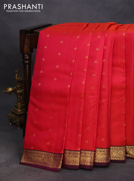 Pure soft silk saree dual shade of pinkish orange and dark magenta pink with zari woven buttas and annam zari woven korvai border