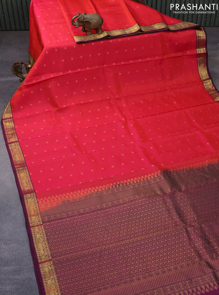 Pure soft silk saree dual shade of pinkish orange and dark magenta pink with zari woven buttas and annam zari woven korvai border