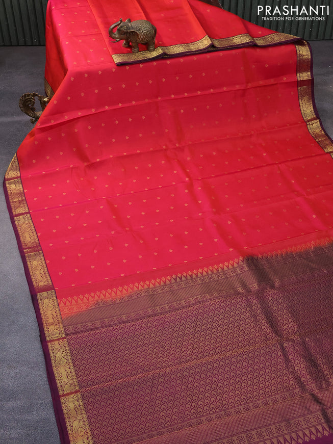 Pure soft silk saree dual shade of pinkish orange and dark magenta pink with zari woven buttas and annam zari woven korvai border