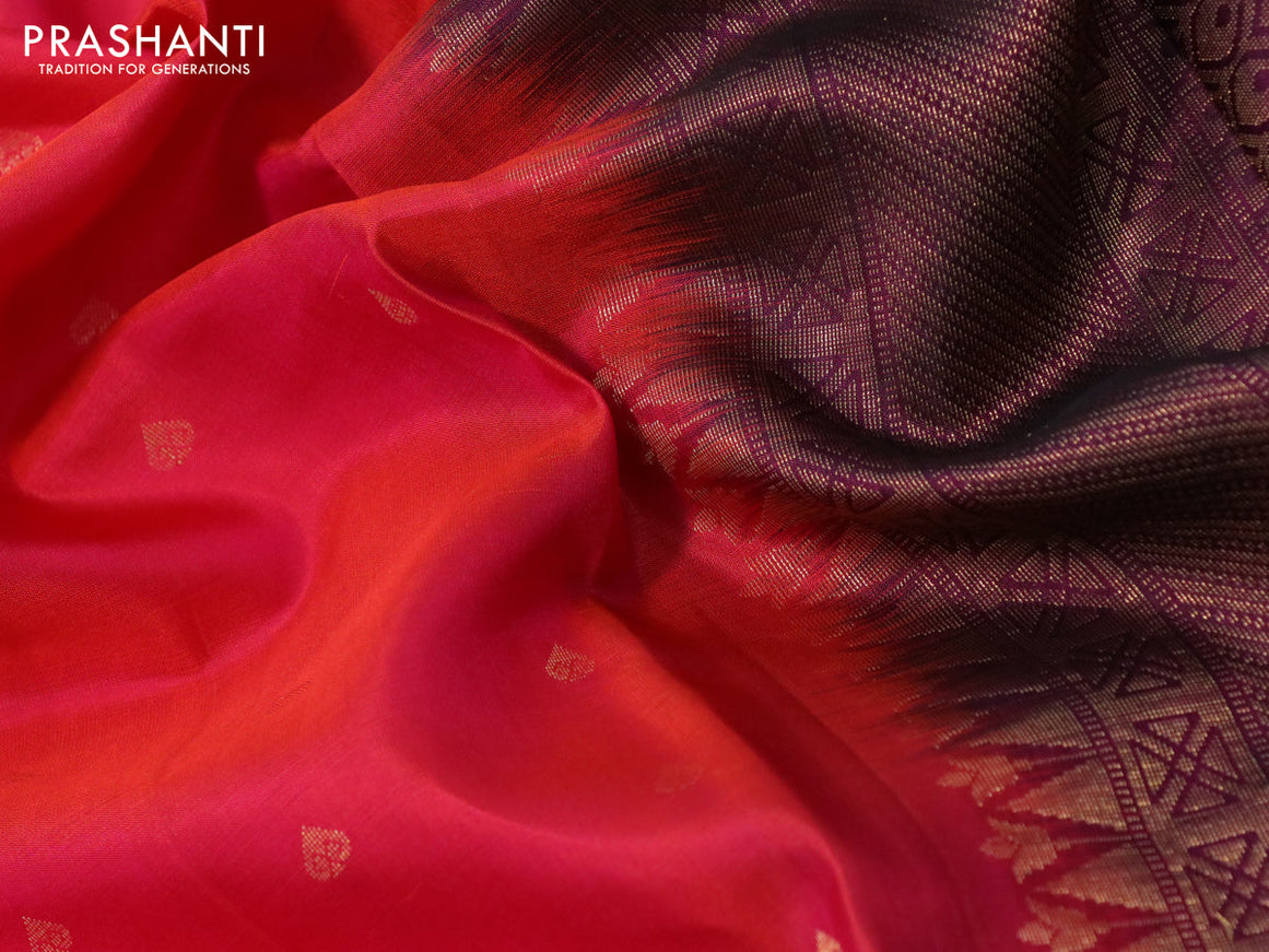 Pure soft silk saree dual shade of pinkish orange and dark magenta pink with zari woven buttas and annam zari woven korvai border