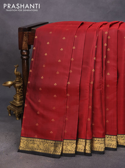 Pure soft silk saree maroon and black with zari woven buttas and annam zari woven korvai border