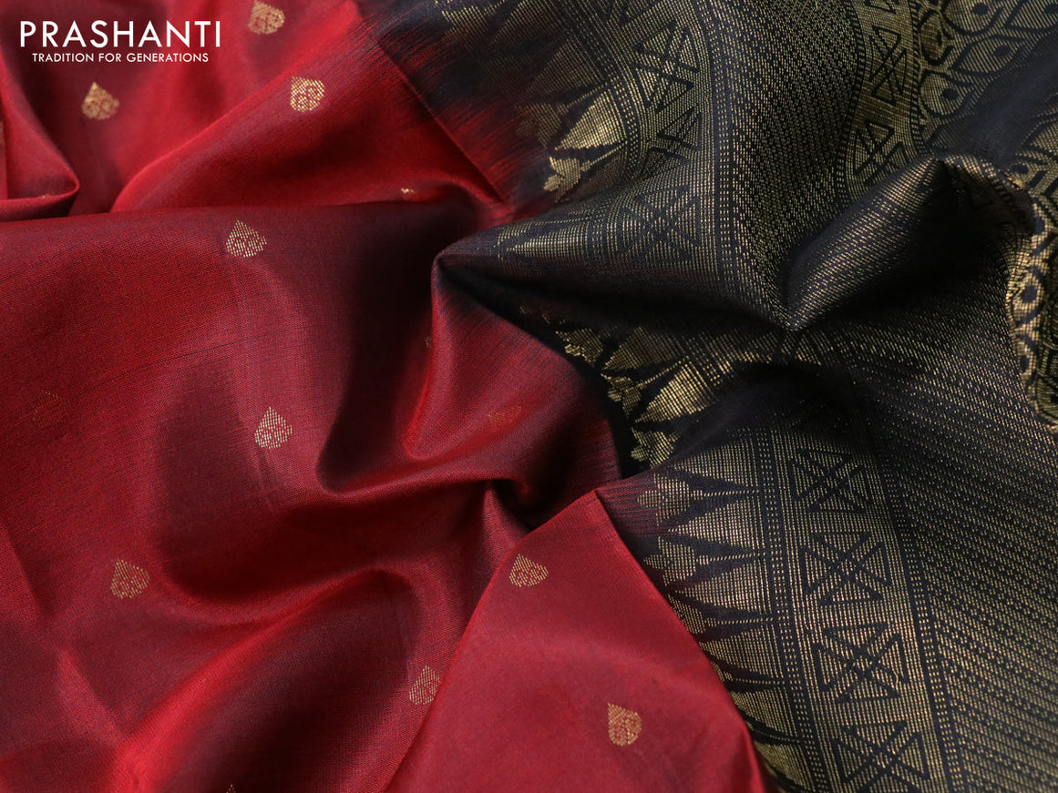 Pure soft silk saree maroon and black with zari woven buttas and annam zari woven korvai border