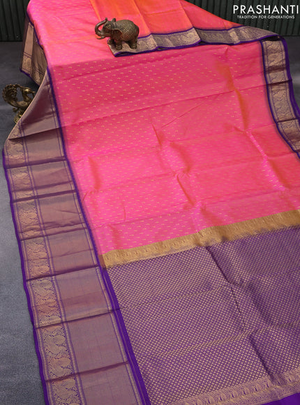 Pure soft silk saree dual shade of pinkish orange and violet with allover zari woven buttas and long annam zari woven border