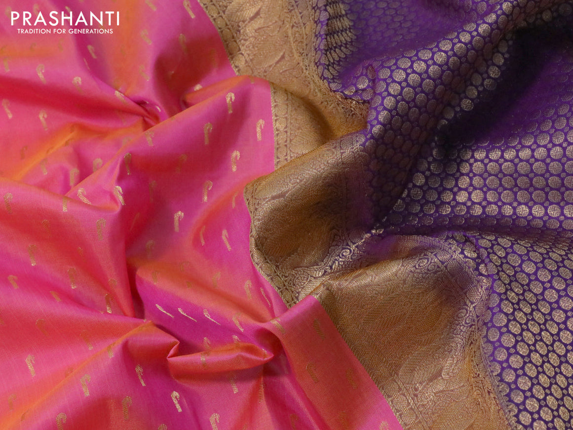 Pure soft silk saree dual shade of pinkish orange and violet with allover zari woven buttas and long annam zari woven border