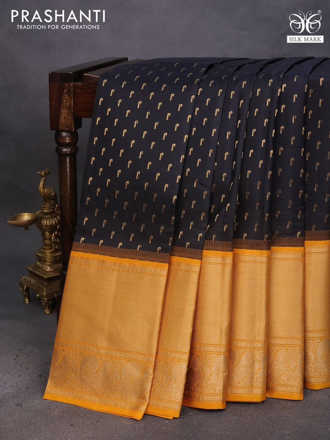 Pure soft silk saree black and mango yellow with allover zari woven buttas and long annam zari woven border