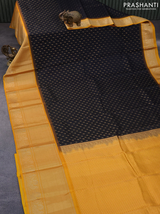 Pure soft silk saree black and mango yellow with allover zari woven buttas and long annam zari woven border