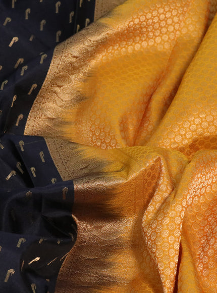 Pure soft silk saree black and mango yellow with allover zari woven buttas and long annam zari woven border