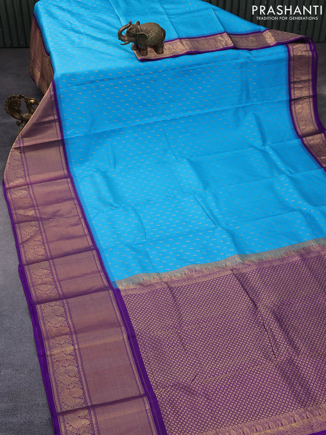 Pure soft silk saree light blue and violet with allover zari woven buttas and long annam zari woven border