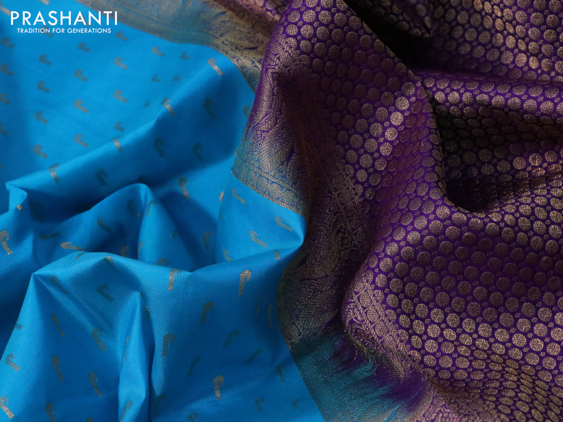 Pure soft silk saree light blue and violet with allover zari woven buttas and long annam zari woven border