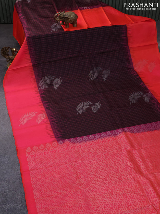 Pure soft silk saree coffee brown and dual shade of pinkish orange with allover checked pattern and rettapet silver zari woven border