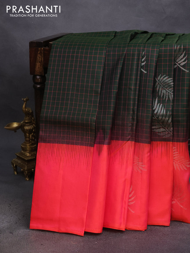 Pure soft silk saree bottle green and dual shade of pinkish orange with allover checked pattern and rettapet silver zari woven border