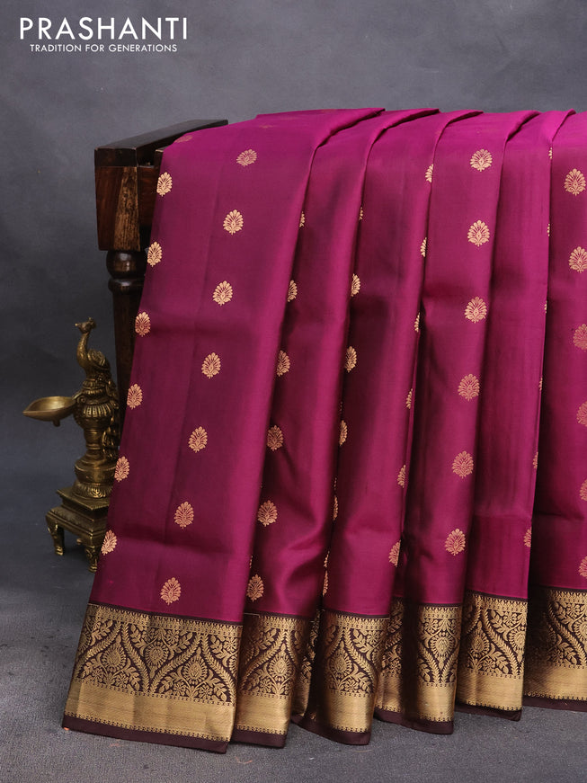 Pure soft silk saree magenta pink and coffee brown with zari woven buttas and zari woven border