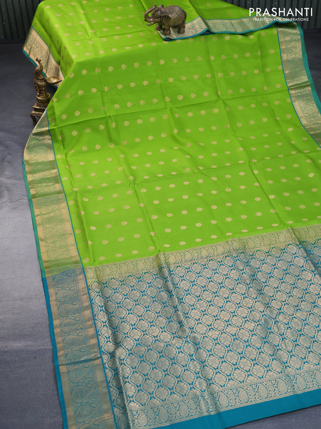 Pure soft silk saree light green and teal blue with zari woven buttas and paisley zari woven border