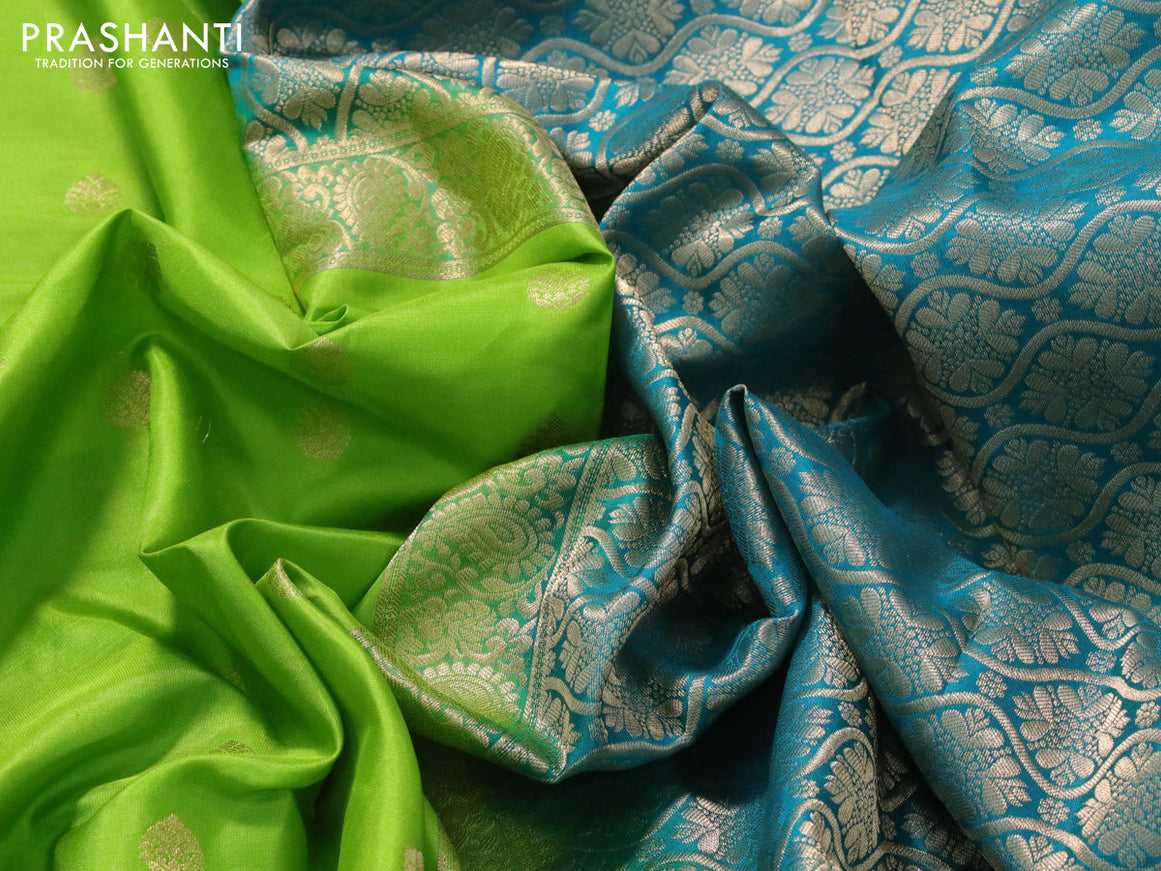 Pure soft silk saree light green and teal blue with zari woven buttas and paisley zari woven border