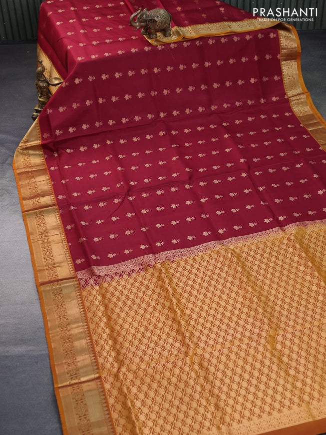 Pure soft silk saree maroon and mustard shade with zari woven buttas and zari woven border