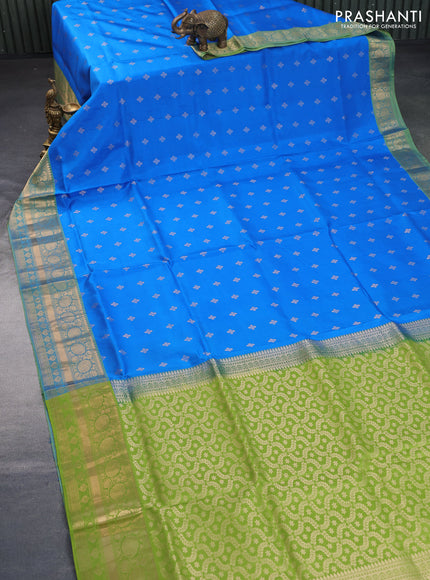 Pure soft silk saree cs blue and light green with zari woven buttas and floral zari woven border