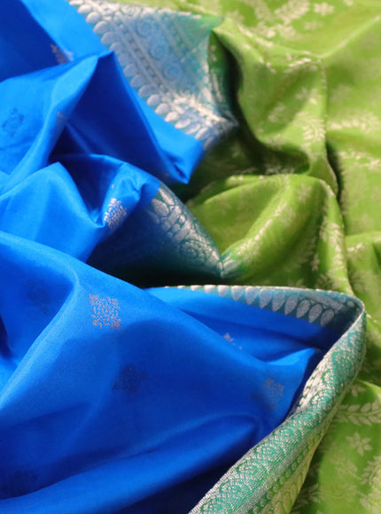 Pure soft silk saree cs blue and light green with zari woven buttas and floral zari woven border