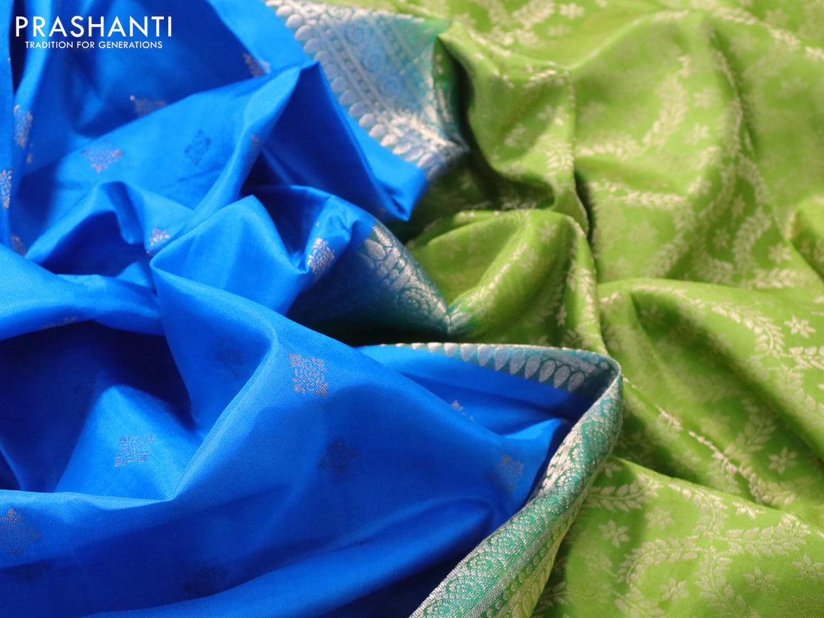 Pure soft silk saree cs blue and light green with zari woven buttas and floral zari woven border