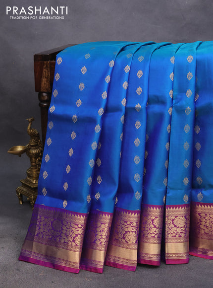 Pure soft silk saree cs blue and purple with zari woven buttas and zari woven border