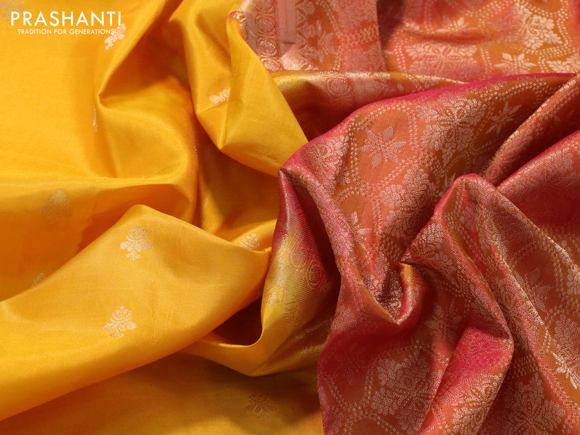 Pure soft silk saree mango yellow and dual shade of pinkish mustard with zari woven buttas and zari woven border