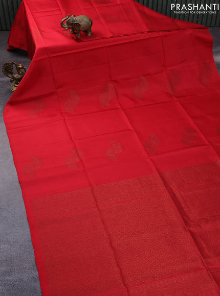 Pure soft silk saree red with thread & zari woven buttas in borderless style