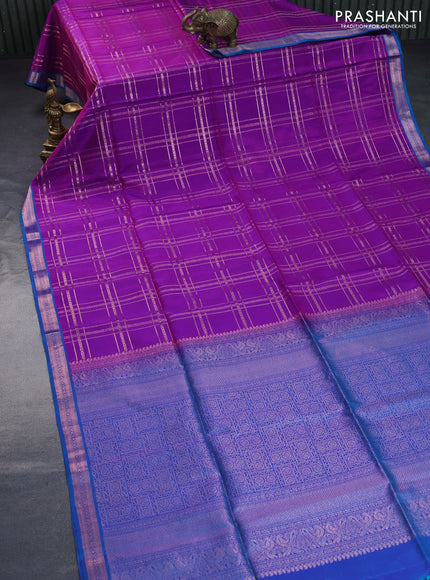 Pure soft silk saree purple and dual shade of blue with allover copper zari checked pattern and zari woven border