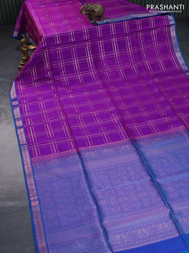 Pure soft silk saree purple and dual shade of blue with allover copper zari checked pattern and zari woven border